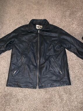 Men's Black Leather Bomber Jacket with Zip Front